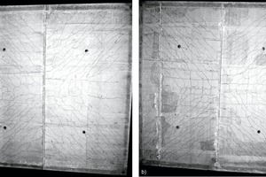  Crack patterns on the underside of two-axis stressed precast floor slabs [3]: a) Butt joints outside the torsion area; b) Butt joints inside the torsion area 