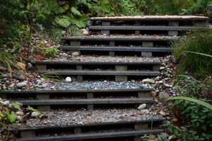  Modular living space system with exposed-aggregate surface, assembled as stairs  