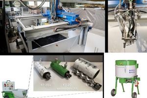  Fig.: Manipulator (top), pump (bottom left) and mixer (bottom right) for processing standard and lightweight shotcretes for the production of graded structural elementsImage: ISYS, IWB &amp; ILEK University of Stuttgart 