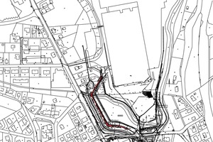  Brewery ground plan (without scale), with the noise barrier highlighted in red  