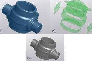  Reverse engineering from CAD entity extraction. a) mesh; b) extracted CAD entities; c) CAD model from trimmed entities 