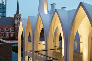  The open upper story of the Song School building seamlessly connects to the Cathedral Square precinct  