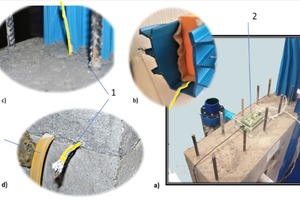  Fig. 14: Demonstrating stand for monitoring the water moisture regime of concrete structures difficult to access a) in general; b) expansion joint; c) vertical expansion joint; d) „cold“ joint with water stop (3) 