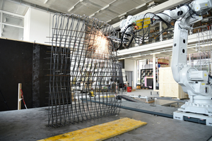  Mesh mold prefabrication, steel reinforcement assembling process at the Robotic Fabrication Laboratory, ETH Zurich, 2020 