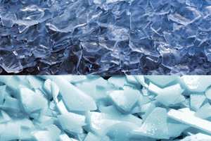  Plate ice (top) and flake ice (bottom) are the two types of ice most frequently used for concrete cooling; the plate-ice production process is about 30 to 45% more energy-efficient compared to that of flake ice 