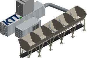  Model of an aggregate cooling unit connected to a linear storage bin with permanently installed air nozzles through a cold-air line 