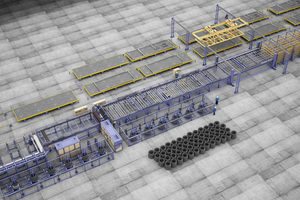  PLC AMM welding line: Arrangement with integrated bending systems, Mesh buffer storage system and automatic just-in-time distribution of the mesh on circulating pallets 