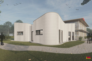  Rendering of the first 3D printed building in Austria, the office of Strabag made by Peri, 3D printed with a Cobod printer 