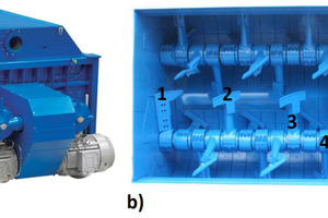  Abb. 1: Doppelwellenmischer und Mischerkomponenten: (a) die Maschine, (b) der Behälter und Mischerkomponenten: 1. Abstreifer, 2. Schaufel, 3. Arm und Anschluss, 4. Welle 