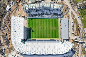  Since the end of 2019, the former Wildparkstadion in Karlsruhe has been built in a step-by-step process while play continues 