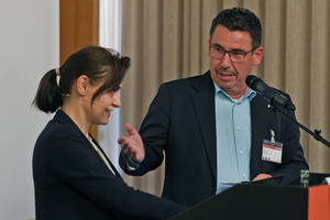  ... and the innovation panels facilitated by BFT editor-in-chief Silvio Schade, pictured with speaker Helena Ried from Omya 