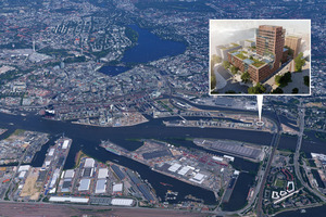  Aerial view with embedded rendering of the Edge ElbSide building 