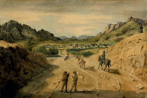  Stellenbosch in der Darstellung des Künstlers Christopher Webb Smith von 1838 mit der alten Wagenstraße, die zum Flussübergang führt, obwohl keine Brücke zu sehen ist 