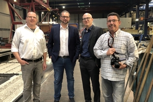  Ralf Nienhaus, ABI Technical Manager, Robert Rötschke, ABI Key Account Manager, Dr. Thomas Kranzler, Syspro Managing Director, and Silvio Schade, BFT editor-in-chief (from left) visited the ABI precast plant in Bedburg 