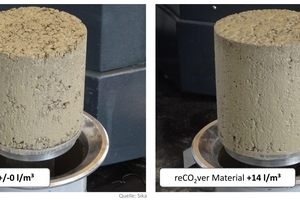  Fig. 5: Comparison of fresh cylinders of the original pipe concrete with the selected concrete design made of reCO2ver material with indication of additional water  
