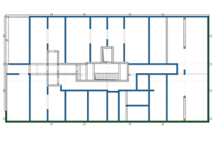  Layout plan with marked Sconnex type W load-bearing thermal insulation elements in the area of walls (green and blue) and type P in the area of columns 