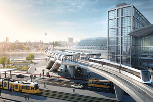  Vision of an overhead urban traffic system in Berlin: Max Bögl (TSB) commissioned Graft Architects to draw up a design study for a magnetic levitation train of the future 