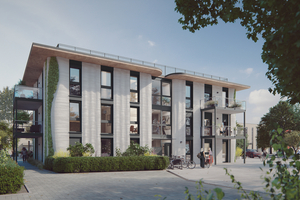  Fig. 5: Rendering of the entrance area: The finished Dreihaus combines sustainable materials with a design optimized for 3D printing 