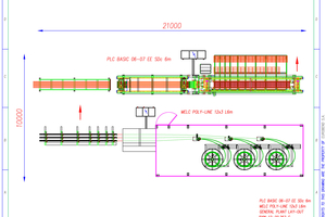  Installation layout of a mesh production line with a PLC Basic EE mesh welding machine and a MELC Polyline x3 straightening machine with three 5G maintenance-free rotors 