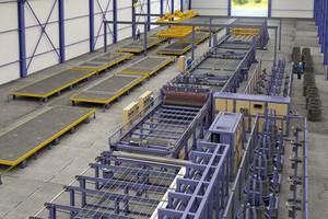  PLC AMM line with integrated universal bending modules, mesh buffer racks and distribution system on circulating pallets 