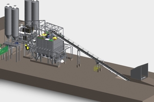  Abb. 4: 3D-Darstellung der geplanten Betonmischanlage mit Förderband und Zuschlagbunker  