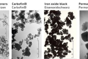  Rohstoffbasis unter dem Mikroskop: Zementschwärzen, Carbofin, Eisenoxid, Permacarb (von links nach rechts) 