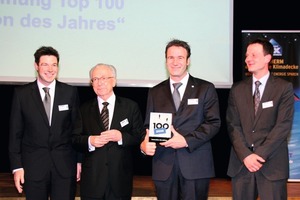  Abb. 2 Top100-Mentor Lothar Späth überreichte den Preis zur „Innovation des Jahres“ an die Dennert-Geschäftsführer (v.l.) Dr. Veit Dennert, Frank Dennert und Dirk Denter. 