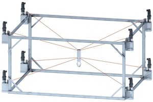  Abb. 3 Konzept des parallelen Seilroboters: eine Plattform (hier als Greifer dargestellt) ist über die acht Seilwinden mit einem ortsfesten Rahmen verbunden. Durch eine Änderung der Seillänge mithilfe von Winden ist die Plattform im Raum in allen Freiheitsgraden beweglich. 