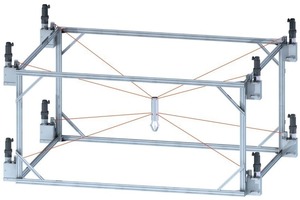  Fig. 3 Concept of the parallel wire robot: A platform (in this case a gripper) is connected to a stationary frame by the eight winches installed. A change in the rope length can be achieved by using appropriate winches, which makes it possible to move the platform freely in all directions within the workspace. 