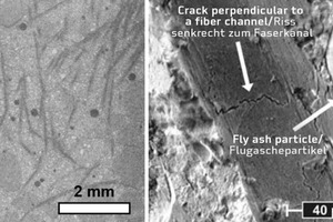  Mikrotomografieaufnahme von SHCC mit Beleg der Rissbildung und -ablenkung am ITZ des Aggregats (links) und Rasterelektronenmikroskopaufnahme des unhydrierten Flugaschenkorns neben dem Faserkanal (rechts) 