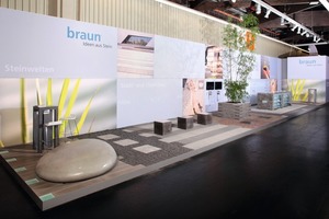  Abb. 3 Der Name ist Programm: Messestand von braun - Ideen aus Stein.Abb. 4 Von grob und matt bis fein und glänzend waren die Exponate von Feiner auf der Messe. 