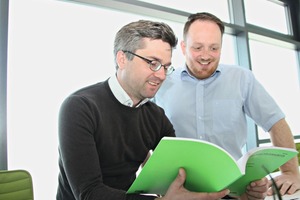  Product Development Manager, Benjamin Happ (left), and Quality ­Assurance Manager, Christian Beständig (right), in good humor after the European Technical Assessment has been granted 