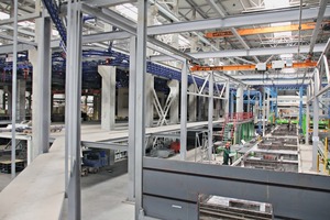  On the left, the active storage area with the blue tracks of the handling system fixed to the ceiling. The pallet circulation system of the sandwich wall production line is located on the right-hand side, adjacent to the ­active storage facility. The passive storage area is not visible in this picture; it is located on the other side of the active storage area 