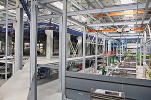  Auf dem Foto sichtbar ist links das Aktivlager mit den blauen Schienen des Handling-­Systems an der Decke und rechts daneben der Palettenumlauf der Sandwichwand-Produktion. Das Passivlager ist hier nicht sichtbar; es befindet sich auf der anderen Seite des Aktivlagers 