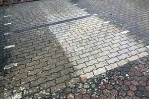  This parking site was cleaned in ­November 2012, and the new protective agent was applied to half of its area. After more than four years, the uncoated area is heavily soiled again, whereas its coated counterpart remains completely unaffected even without cleaning  