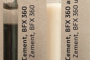  → 2 Test-tube experiment – water, cement, black iron-oxide pigment; outcomes vary with and without PCE-based plasticizer 