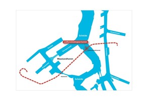  Überblick über das Hafengebiet von Antwerpen mit Trasse des Eisenbahntunnels Liefkenshoek  