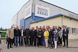  General Manager, ­Karlis Roznieks (right) welcoming the study group from Germany at Skonto Prefab 