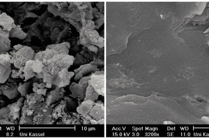  SEM image of the alkaline binders made with GGBFS A as well as KOH (left) and K-WG-1.0 (right)<br /> 