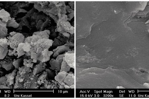  SEM image of the alkaline binders made with GGBFS A as well as KOH (left) and K-WG-1.0 (right) 