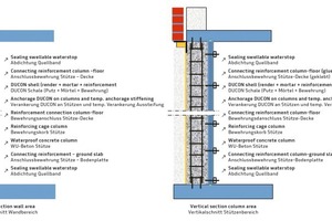  → 4 Section through Ducon shear wall (in the area with and without columns) 