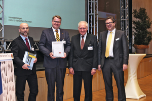  Herwig Heegewaldt of BASF Construction Solutions GmbH, second from left, received the prize from Prof. Hans-Wolf Reinhardt, University of Stuttgart, Dr. Ulrich Lotz, FBF Betondienst GmbH, and Christian Jahn, BFT International editor-in-chief (right to left) 