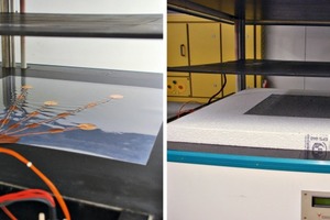  Zwei-Plattenprüfgerät mit Messfühler auf Trägerfolie (links) ­sowie eingebauter ­Probekörper mit umgebenden Dämmkragen (rechts) 