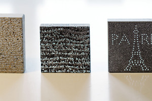  Evolution of light concrete: in sight left the handmade Litracon, in center the industriel made Lucem line and on the right side the individual produced Lucem label 