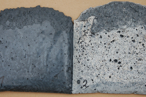  → 1 Laboratory test to investigate the interaction between PCE-based plasticizer and black iron-oxide pigment. Block 1: successful coloration of an SCC with black iron-oxide pigment; block 2: insufficient development of coloring power and white deposit on the concrete surface (identical pigment batching) 