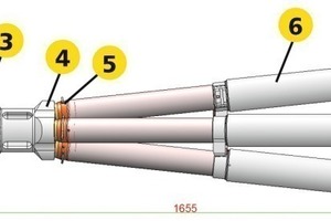  Anchor plate provided on site for, for example, four strands (1), wedge seating plate with housing (2), deflection plate (3), support seat for four strands (4), rapid-action coupling (5), four Tensa SM 240 kN stressing jacks (6) and anti-twist protection with integrated ruler (7), optional wedge-seating cylinder between (2) und (3) 