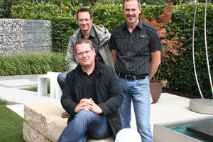  (left to right): Michael Craemer, warehouse logistics manager, Florian Klostermann, managing partner, and Jürgen Fraune, paver plant production manager, in the demonstration garden of Heinrich Klostermann GmbH &amp; Co. KG  