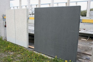  <div class="bildtext_en">Several 2 × 2 m sample slabs in various colors and textures are on display outdoors for visitors</div> 