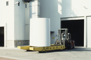  A prefabricated tower element is carried out of the production hall 