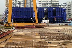  Prepared reinforcement cages in front of the compact mobile ­battery mold 